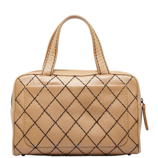 Luxury Chanel Wild Stitch Coco Mark Handbag Boston Bag Beige Black Leather Ladies