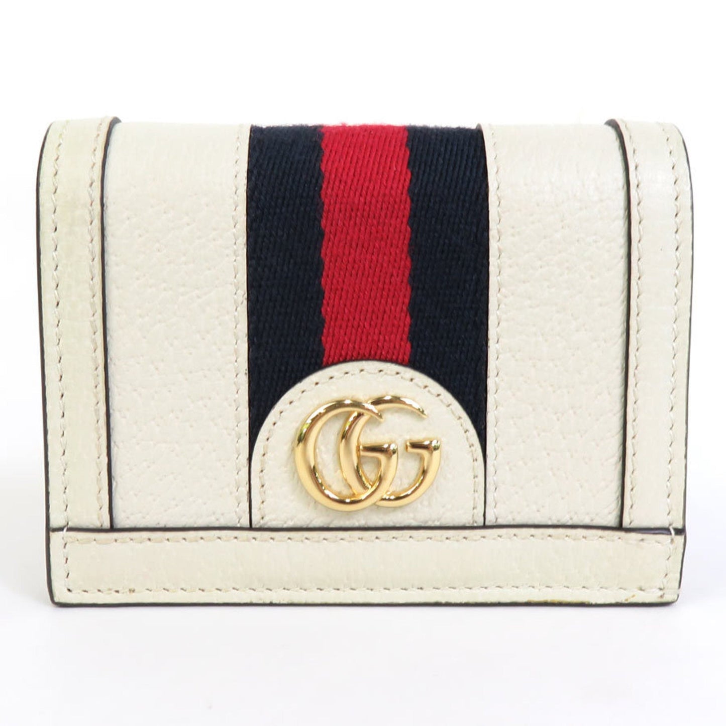 Luxury Gucci Folio Wallet GG Marmont Leather/Canvas Off-White/Navy/Red Gold Unisex 523155
