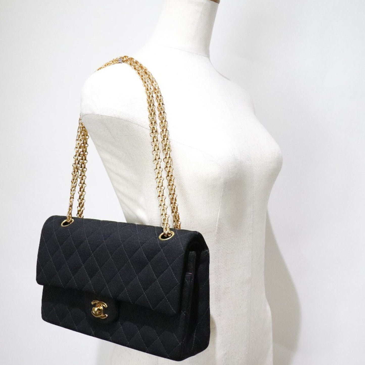 Chanel chain shoulder double flap matelasse cotton canvas black women's bag