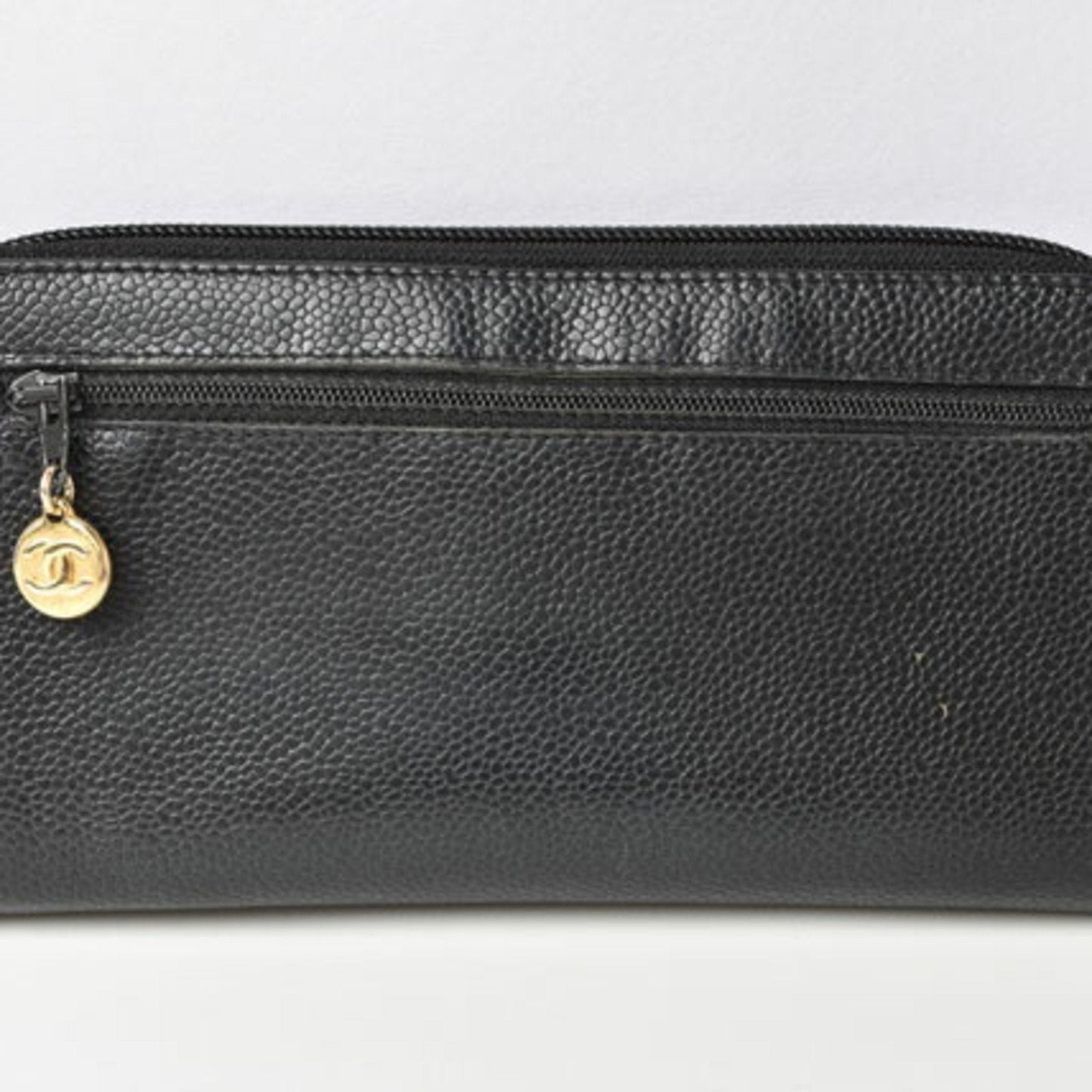 Luxury Chanel long wallet round here mark caviar skin black