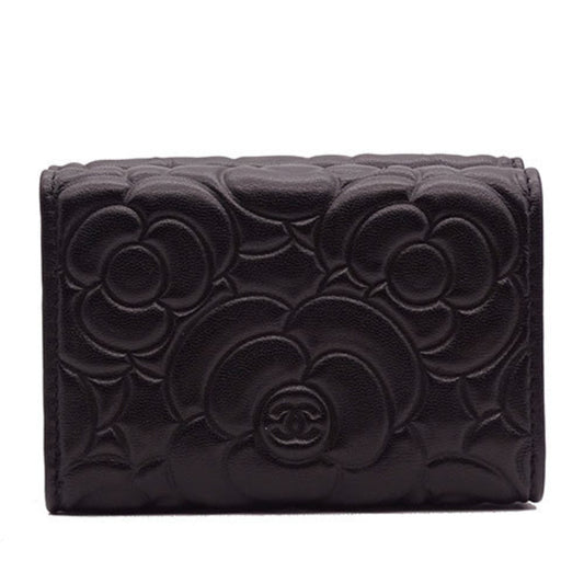 Luxury Chanel Wallet Women's Trifold Leather Camellia Black