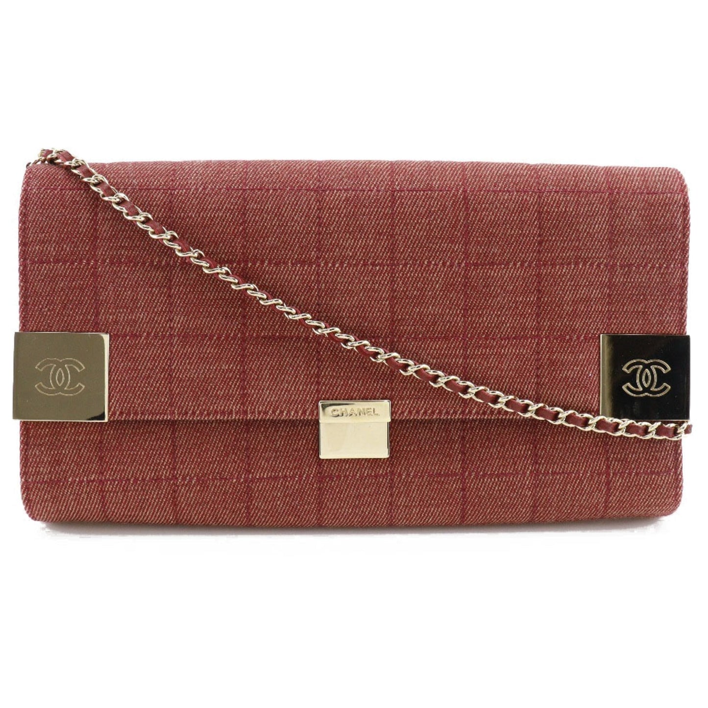 Luxury Chanel chain shoulder chocolate bar line cotton canvas red ladies bag