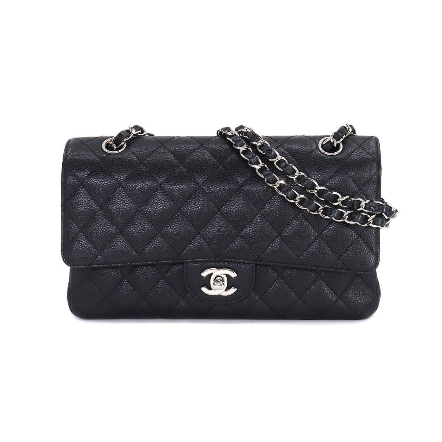 Luxury Chanel Matelasse 25 Chain Shoulder Bag Caviar Skin Black A01112 Silver Hardware Coco Mark