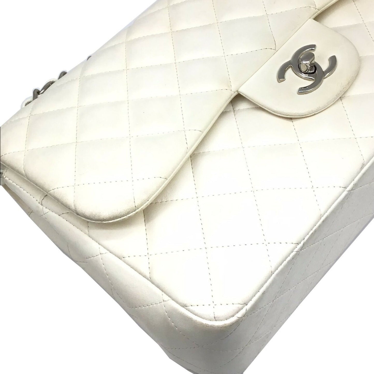 CHANEL Matelasse Deka 30 White Lambskin Silver Hardware Chain Shoulder Double Flap Women's