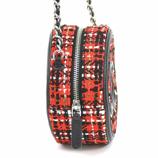 Luxury Chanel Crossbody Shoulder Bag Coco Mark Tweed/Leather/Metal Red/Black/Silver Women's