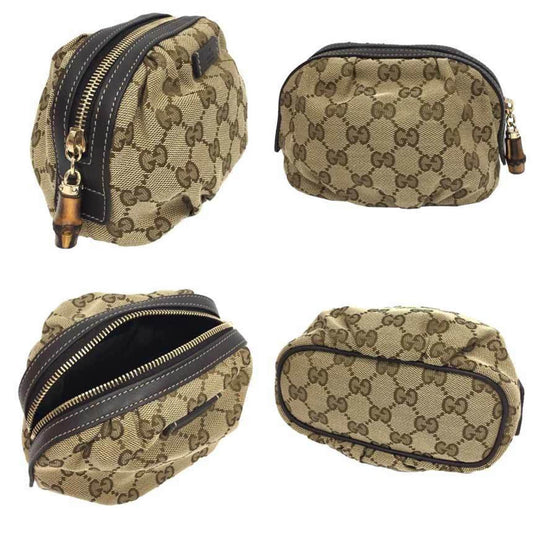 Luxury Gucci GG Canvas Bamboo Pouch WG Beige x Brown Leather Women's Unisex Bag