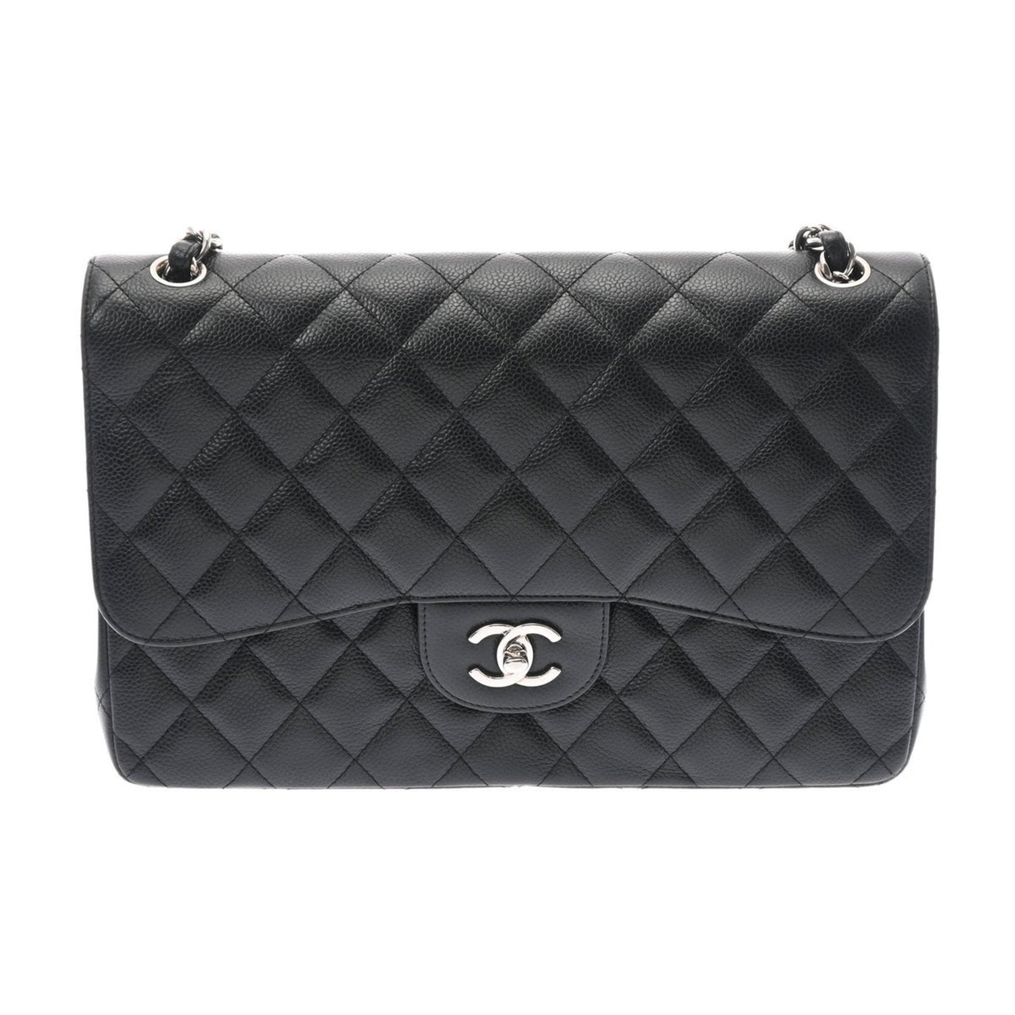 CHANEL matelasse double flap 30 black ladies caviar skin shoulder bag