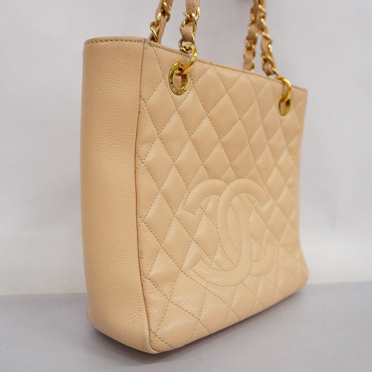 Luxury Chanel  Matelasse Chain Shoulder Women's Caviar Leather Tote Bag Beige
