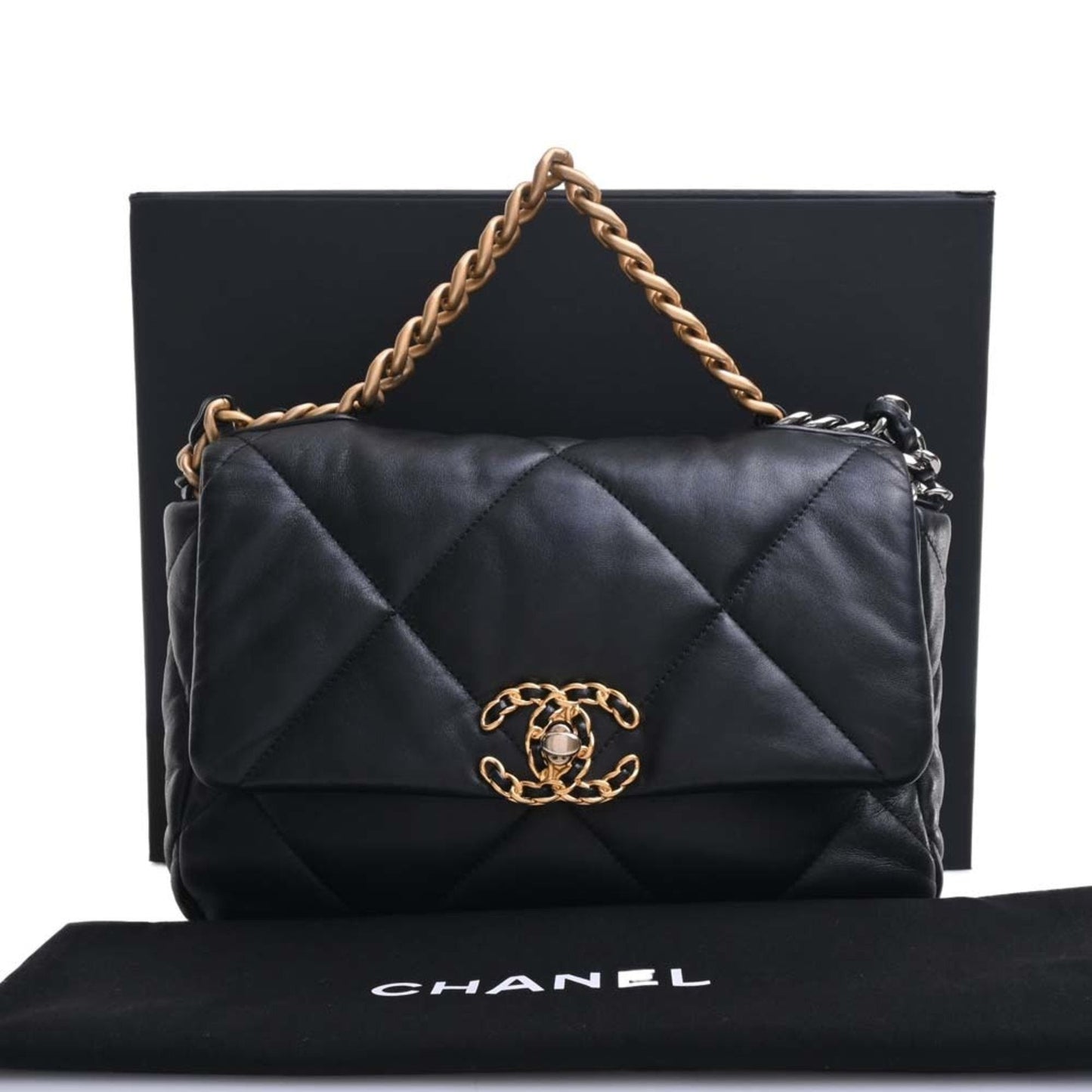Luxury Chanel Lambskin  19 Coco Mark Chain Shoulder Bag Black Ladies