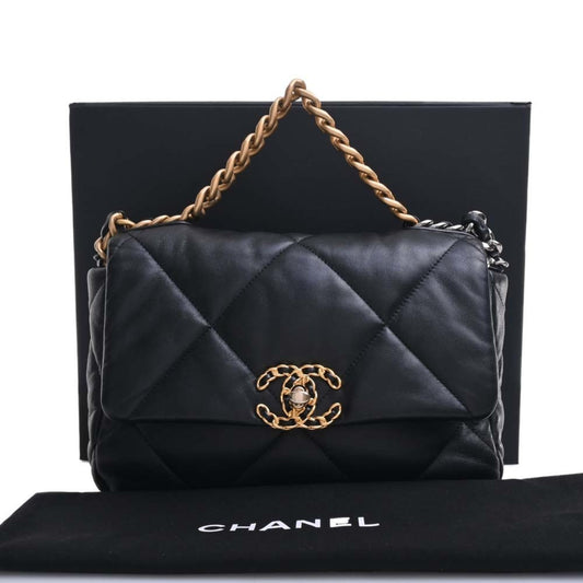 Luxury Chanel Lambskin  19 Coco Mark Chain Shoulder Bag Black Ladies