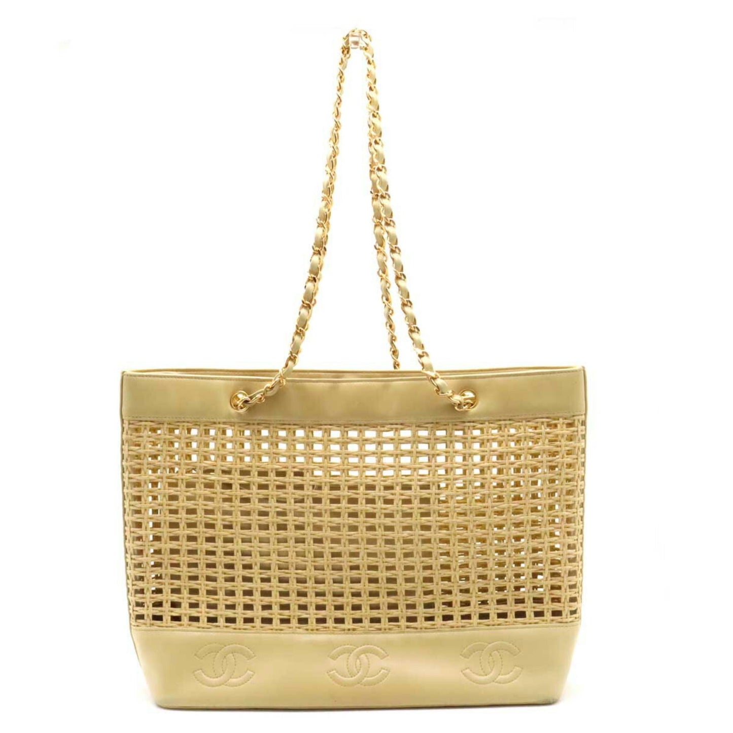 Luxury Chanel Tote Bag Shoulder Chain Basket Straw Leather Beige Natural