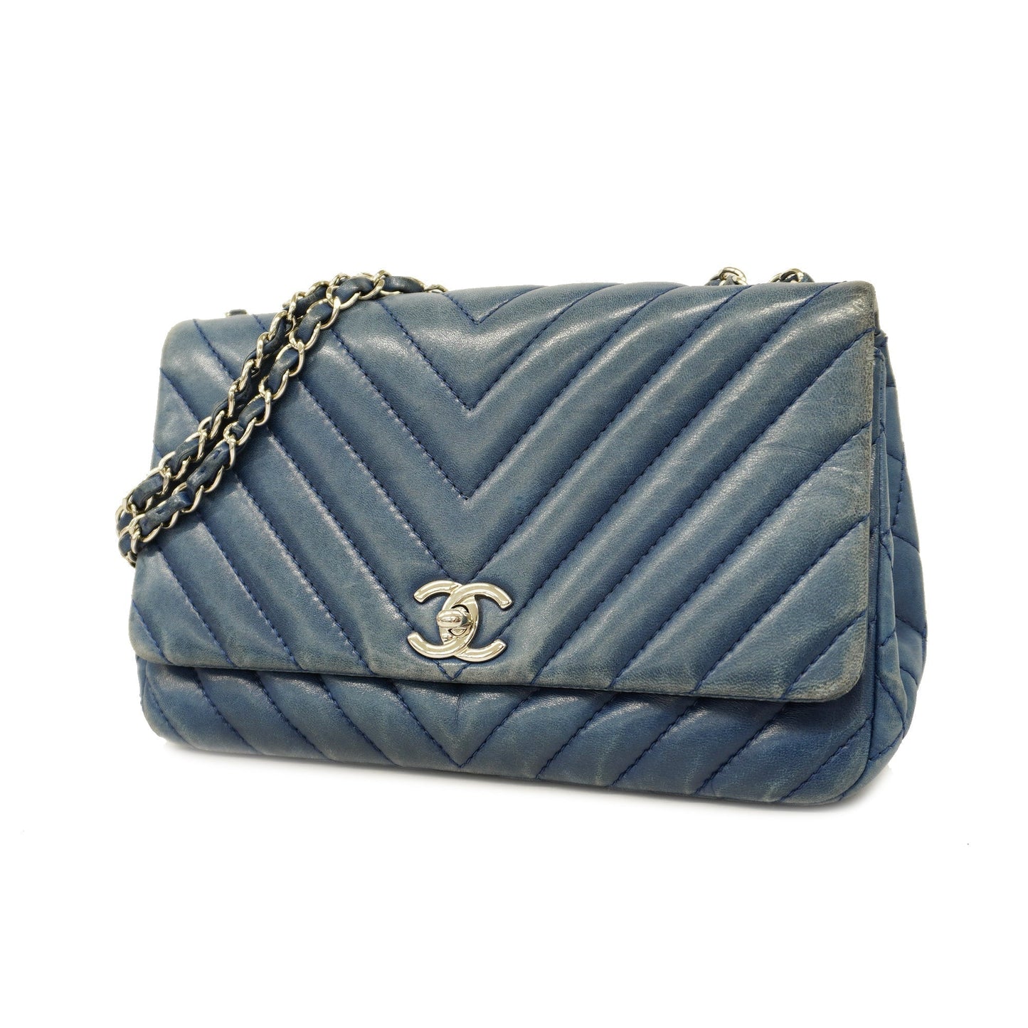 CHANEL  V Stitch W Flap W Chain Women's Leather Shoulder Bag Blue