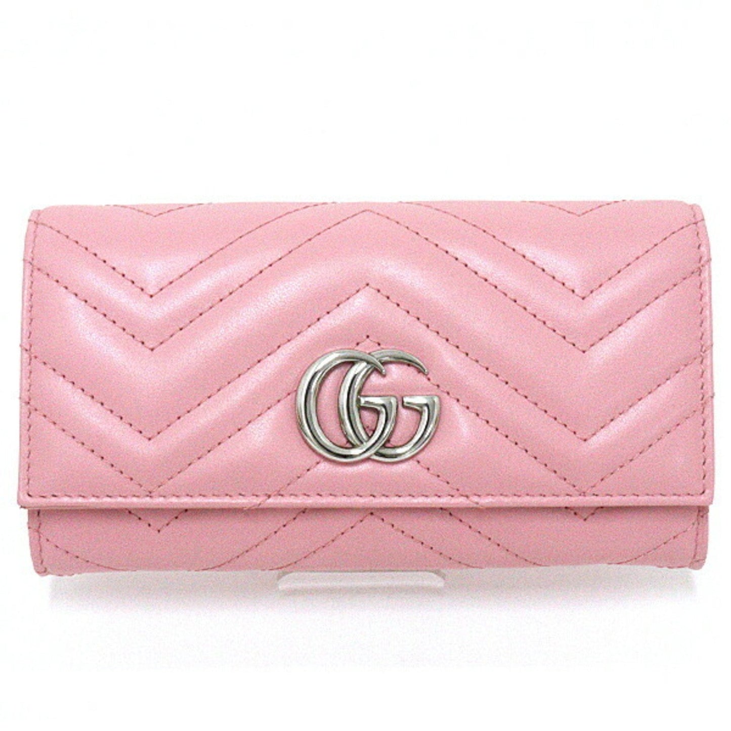 Luxury Gucci GG Marmont Continental Wallet Bifold Long Double G Chevron Quilted Leather 443436 Pink Silver Hardware