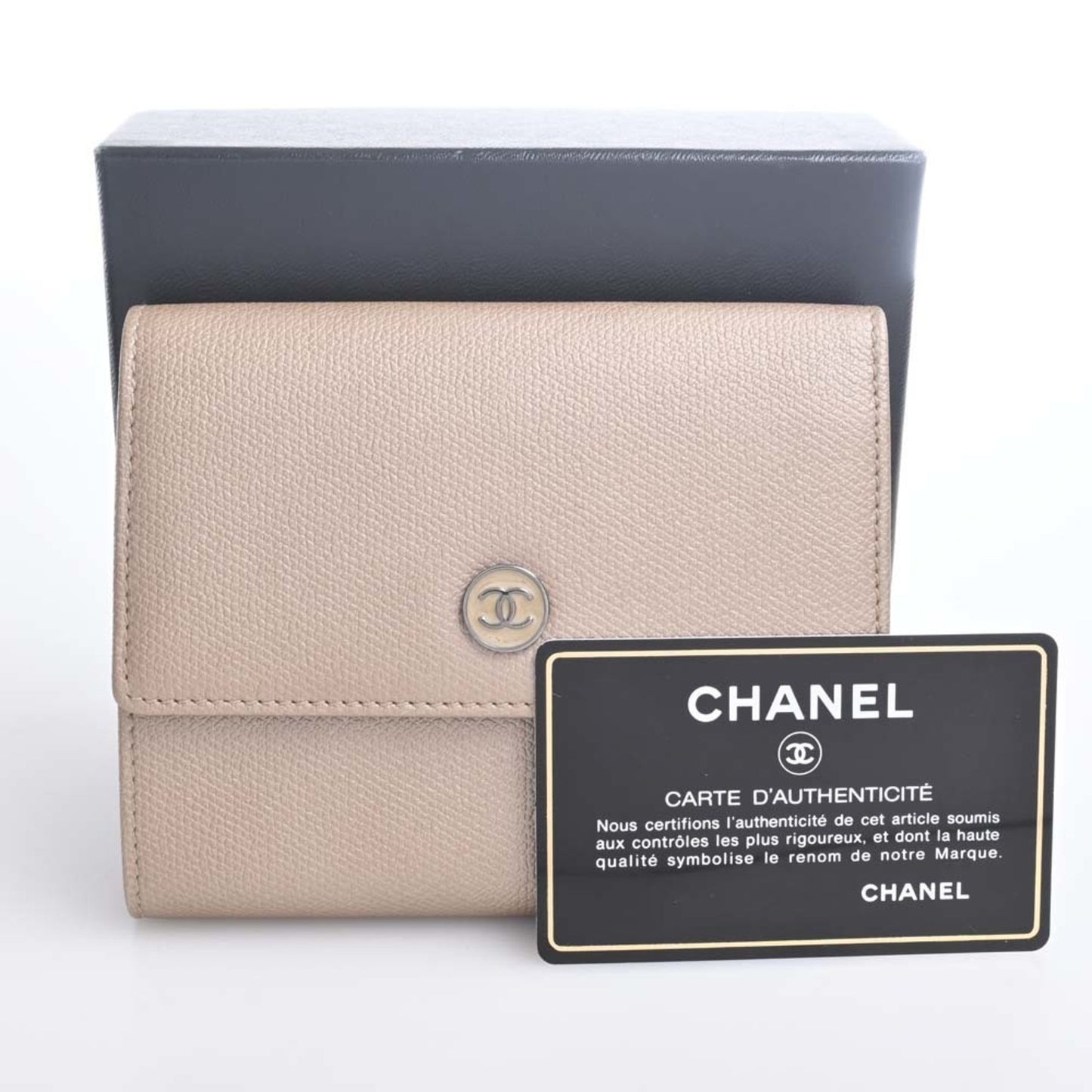Luxury Chanel Leather Coco Button Trifold Wallet Beige Ladies
