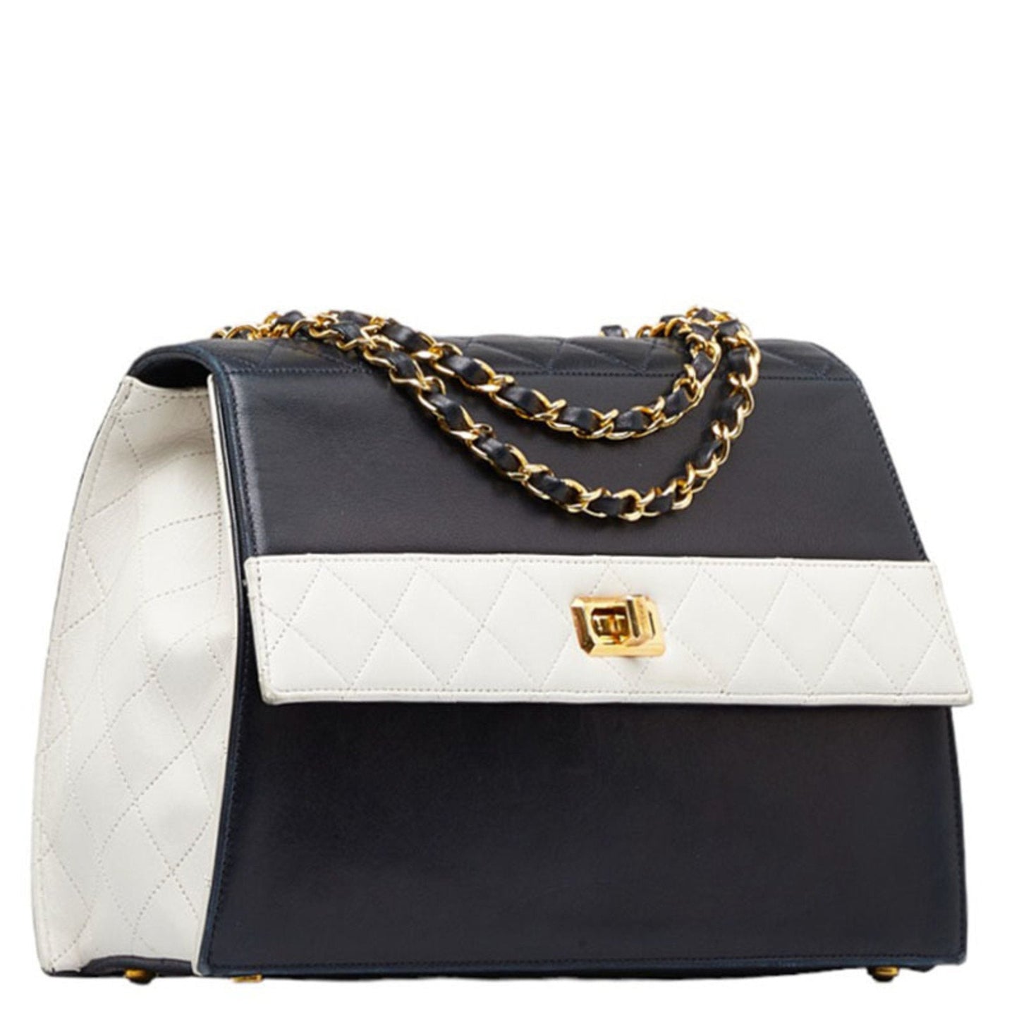 Luxury Chanel matelasse bicolor chain shoulder bag navy white lambskin ladies