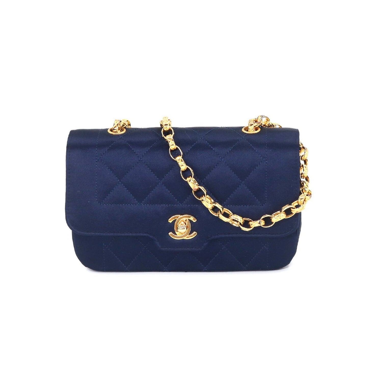 Luxury Chanel Matelasse Bijou Chain Shoulder Bag Satin Navy Gold Hardware Vintage