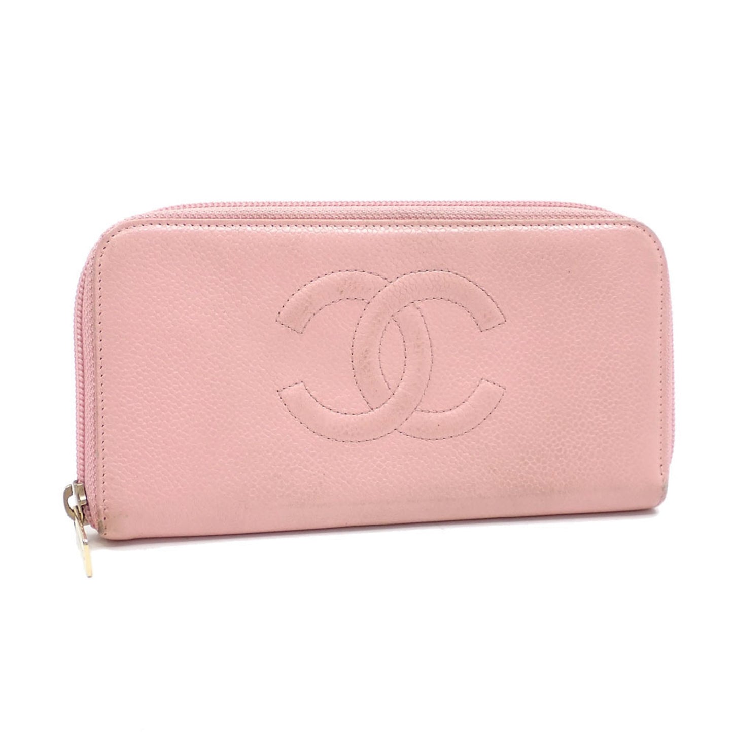 Luxury Chanel round long wallet ladies pink caviar skin here mark