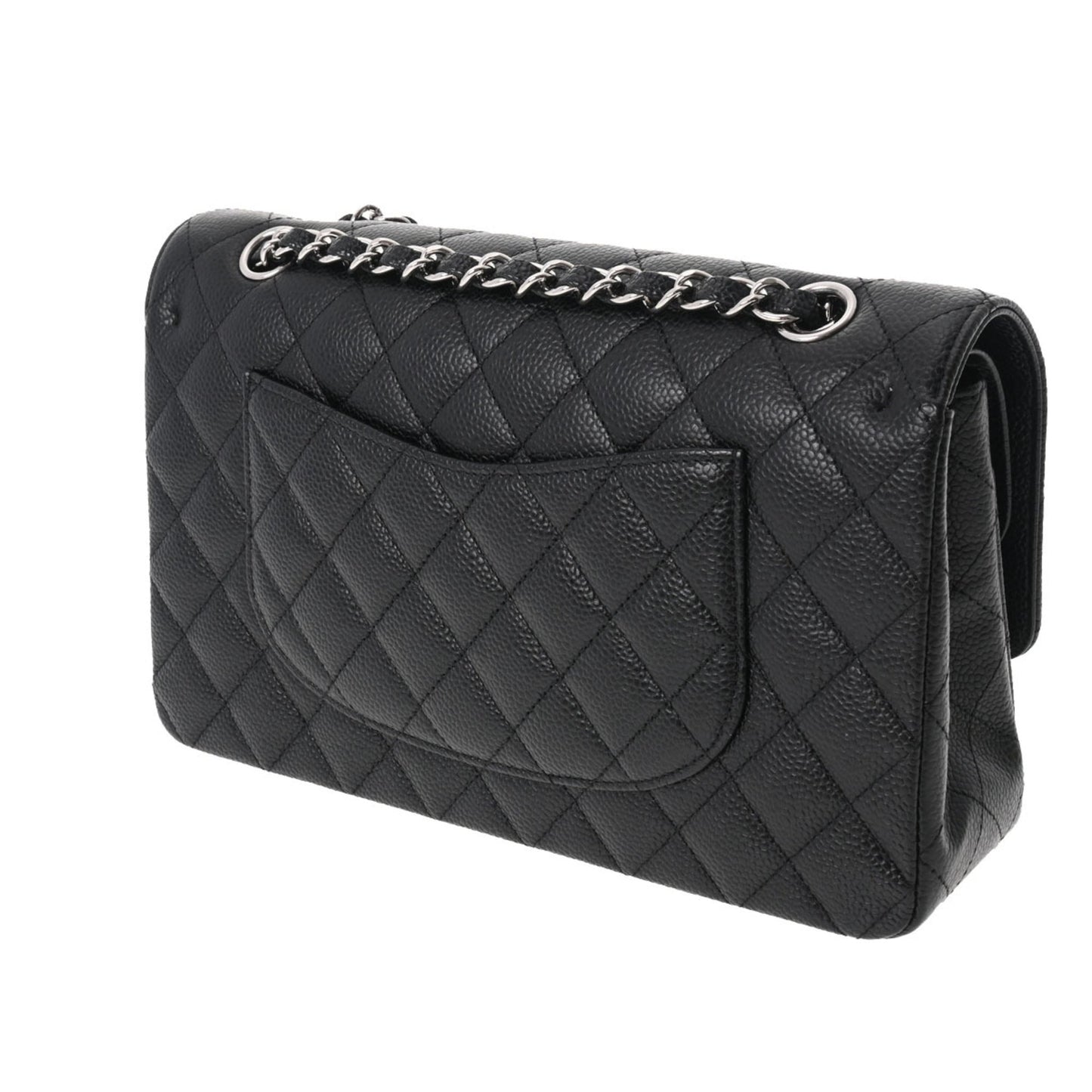 CHANEL Matelasse Chain Shoulder 25cm W Flap Black Ladies Caviar Skin Bag