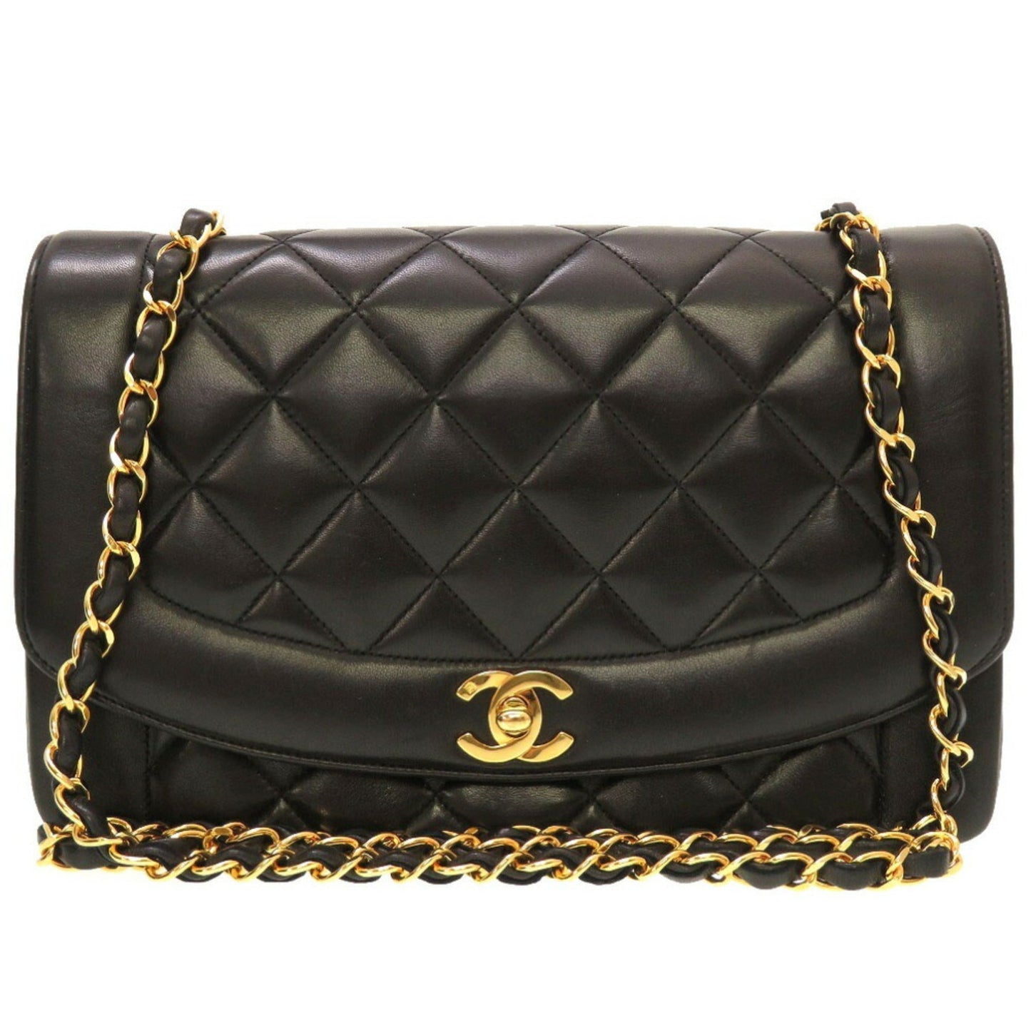 Luxury Chanel Diana 25 Medium Matelasse Lambskin Black Gold Chain Shoulder Bag Cocomark Turnlock