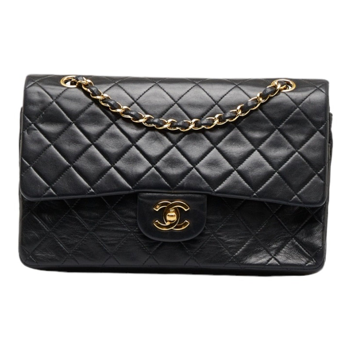 CHANEL matelasse 25 double flap chain shoulder bag black leather ladies