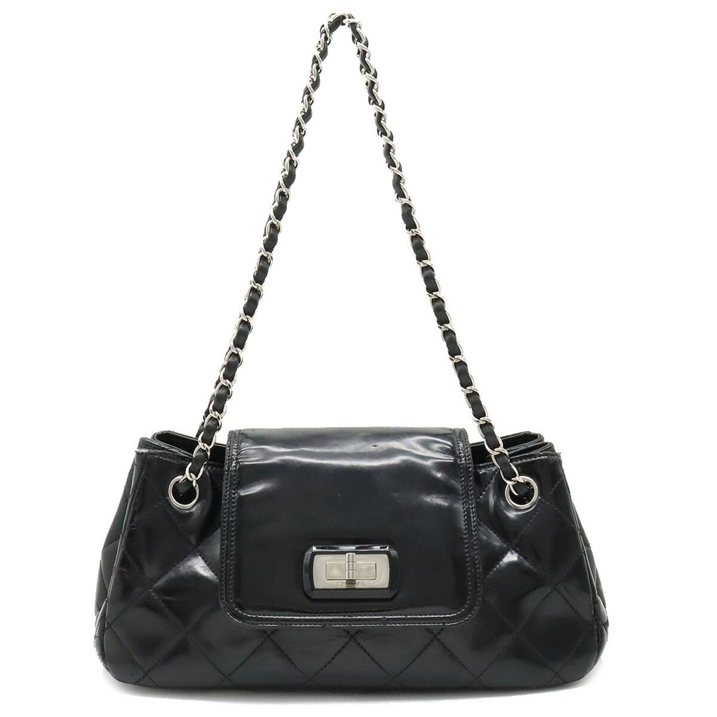 Luxury Chanel 2.55 Matelasse W Chain Bag Shoulder Patent Leather Black