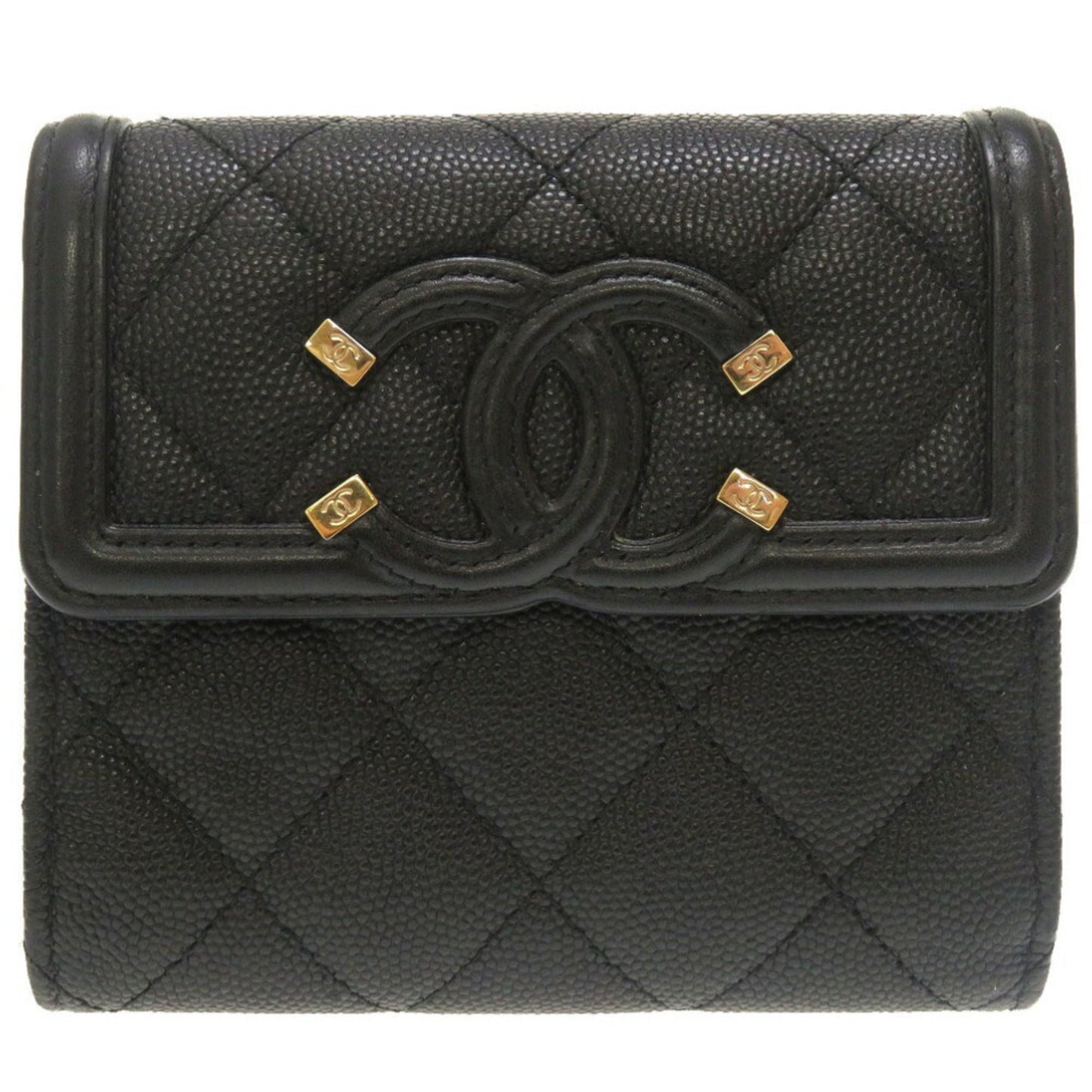Luxury Chanel CC Filigree Matelasse Caviar Skin Black 28th Series AP0375 Trifold Wallet Cocomark