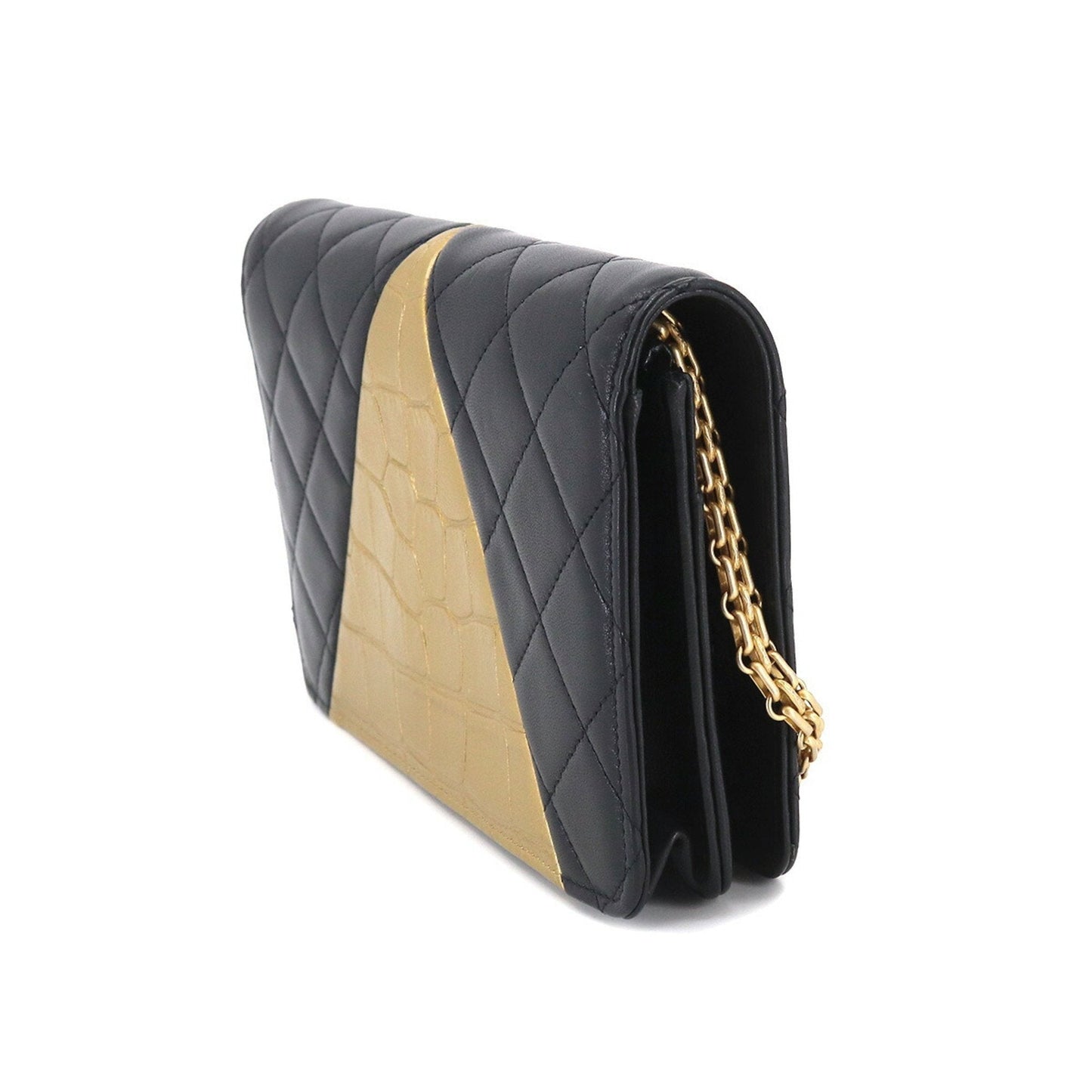 Luxury Chanel 2.55 Chain Wallet Long Leather Black Gold Embossed Matelasse