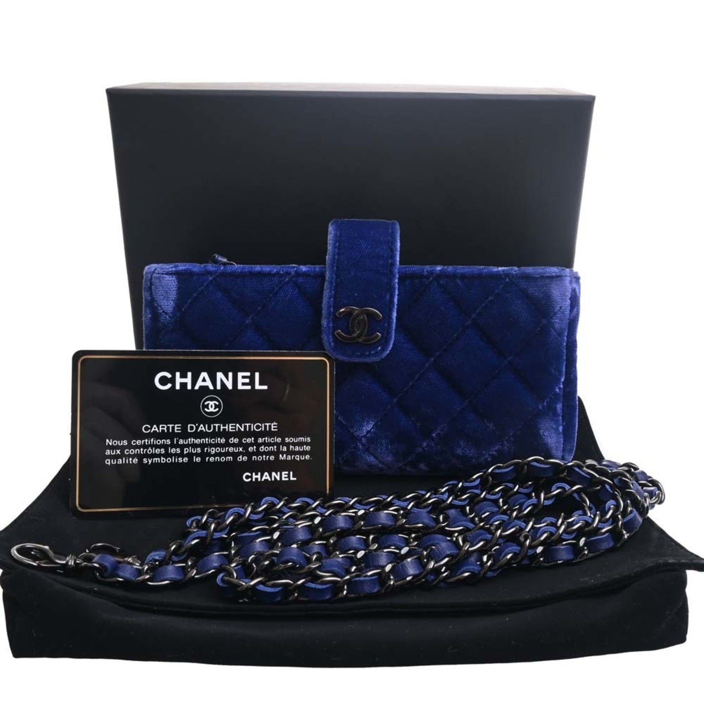 Luxury Chanel Velor Matelasse Coco Mark Chain Shoulder Pouch Blue Ladies
