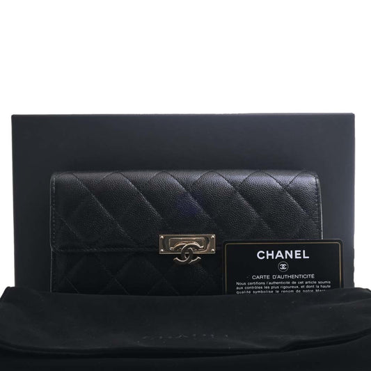 Luxury Chanel Caviar Skin Matelasse Coco Rock Bifold Long Wallet Black Ladies