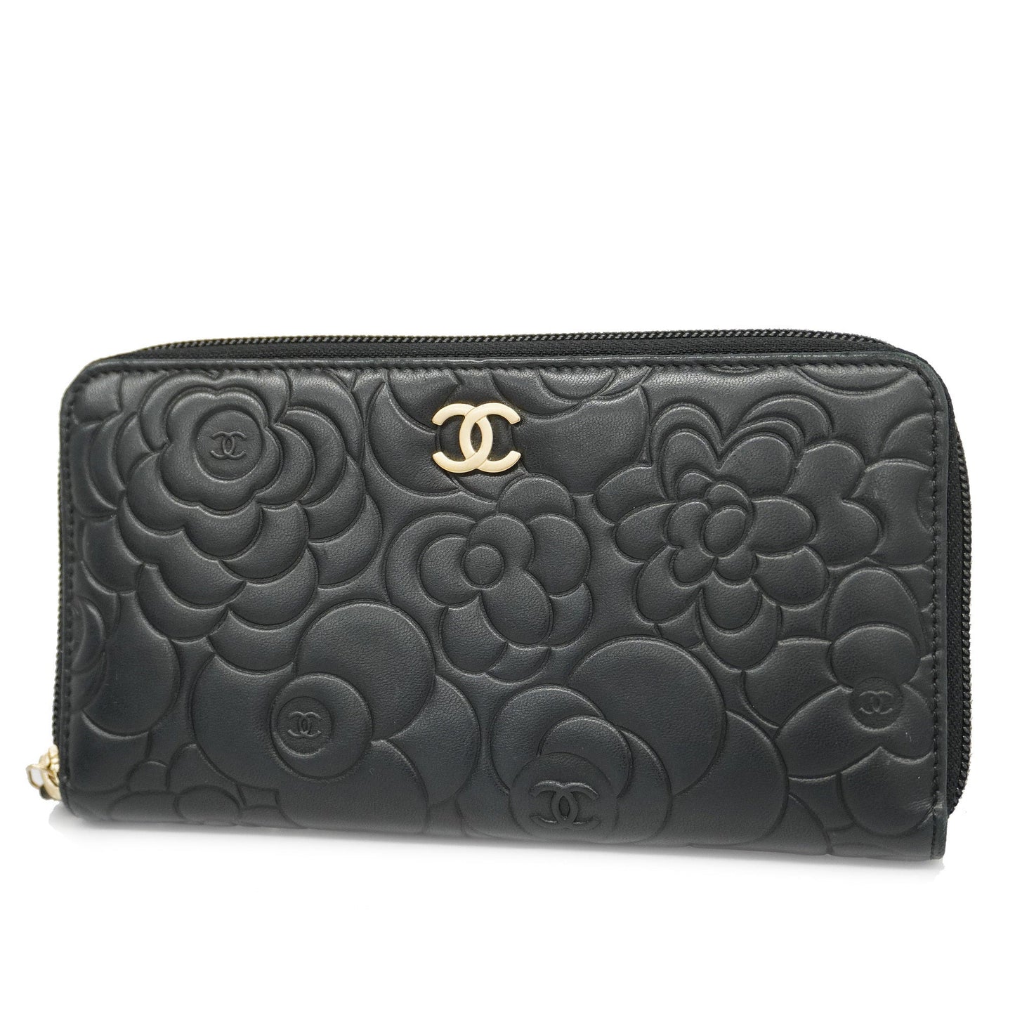 Luxury Chanel  Camellia Long Wallet [bi-fold] Gold Hardware Women's Lambskin Black