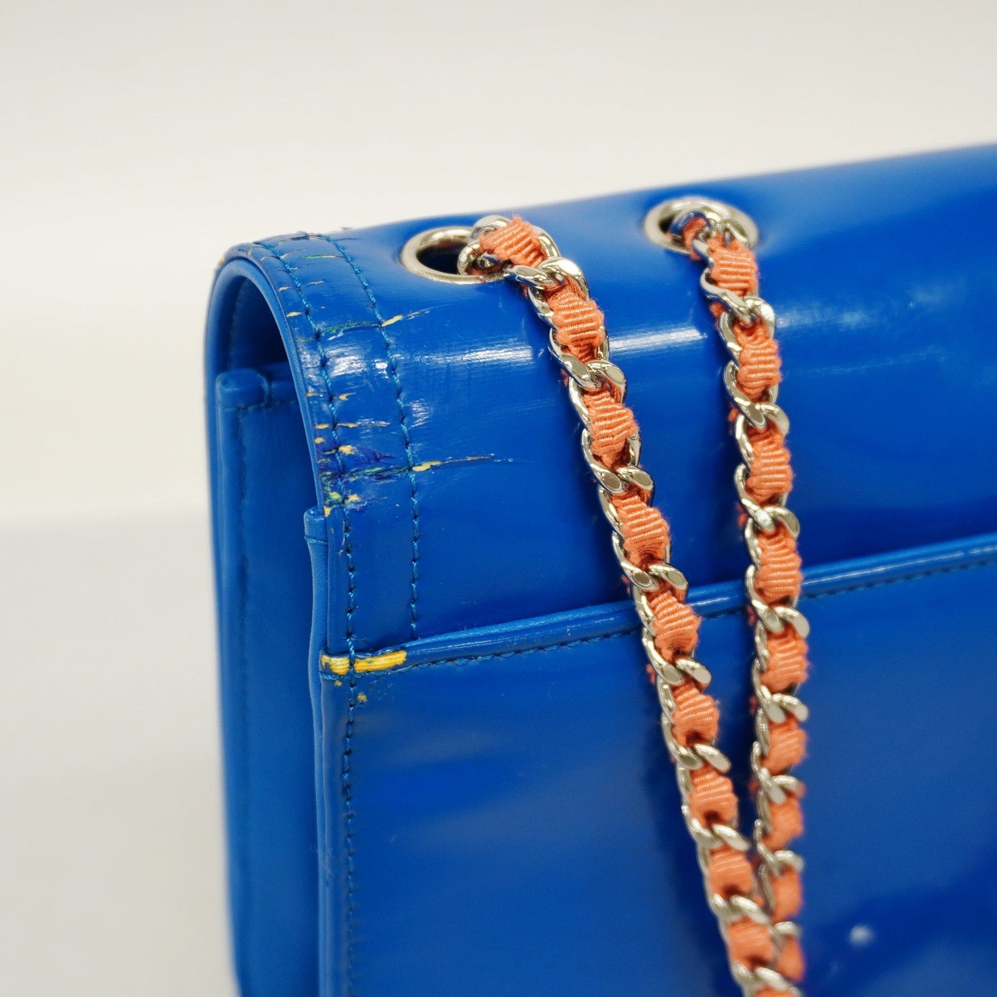 CHANEL  W Chain Women's Patent Leather Shoulder Bag Blue
