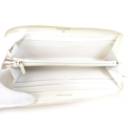 Luxury Chanel Round Zipper Long Wallet Boy Caviar Skin Leather Off-White Gold Women's e55885i