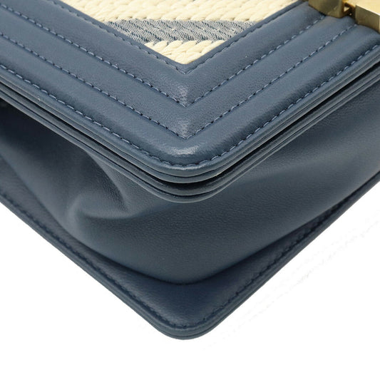 Luxury Chanel Boy V Stitch Chain Bag Shoulder Clutch Fabric Leather Navy Natural