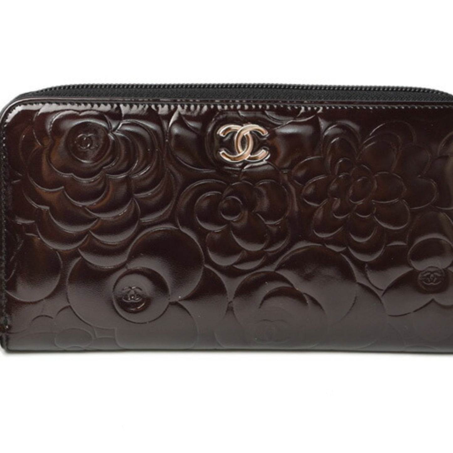 Luxury Chanel long wallet round camellia A50085 dark brown silver
