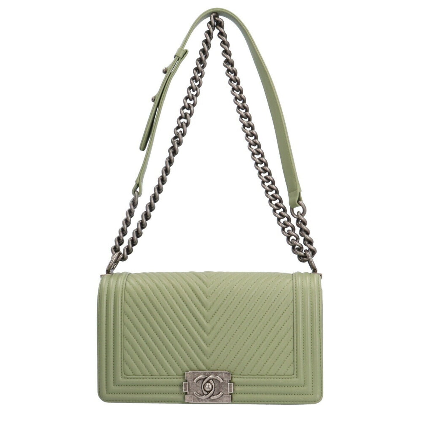 Luxury Chanel Boy  V Stitch Shoulder Bag Lambskin Green Women's