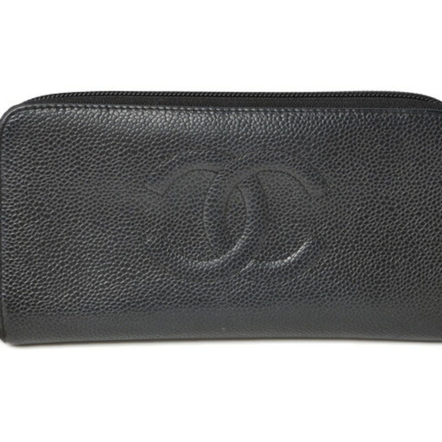 Luxury Chanel long wallet round here mark caviar skin black