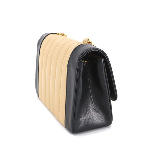Luxury Chanel Mademoiselle Chain Shoulder Bag Leather Beige Black Gold Hardware Bicolor Vintage