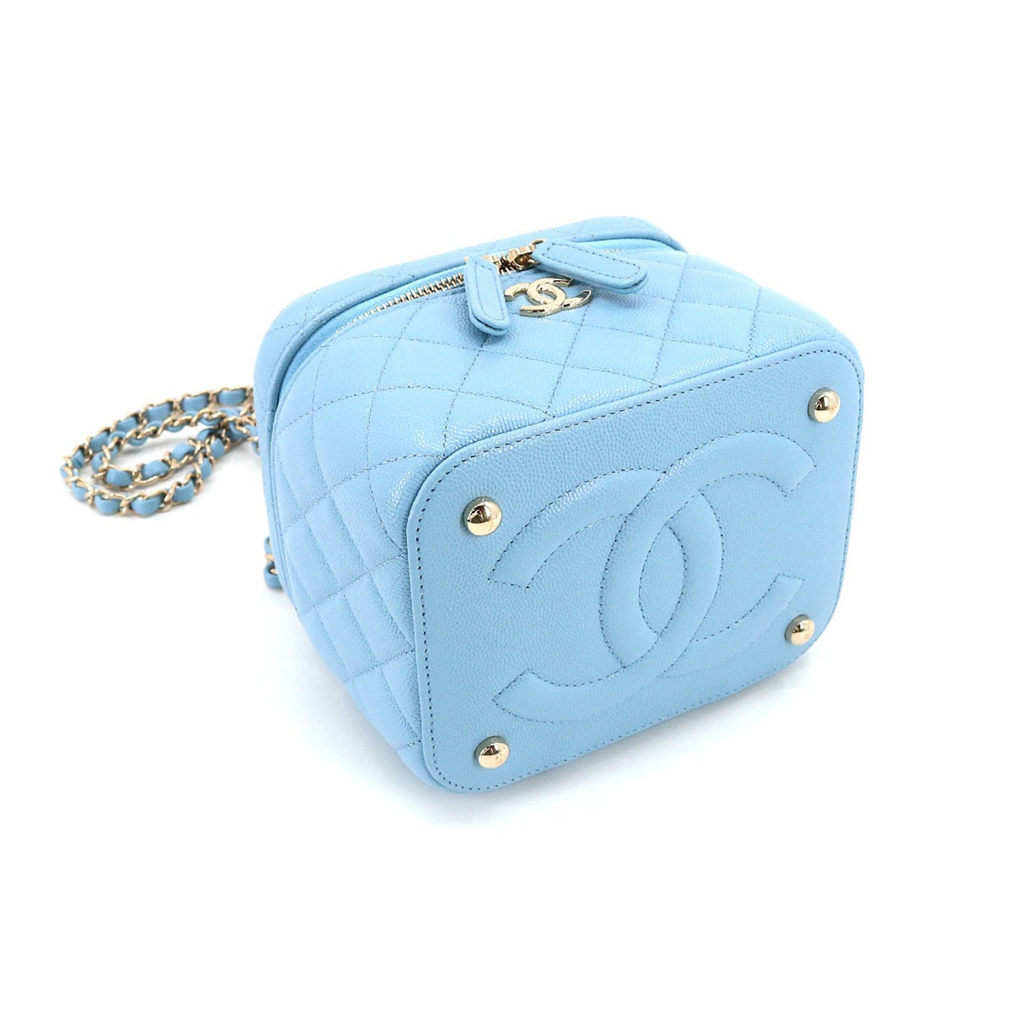 Luxury Chanel Matelasse Small Vanity Chain Shoulder Bag Caviar Skin Leather Light Blue AS3171