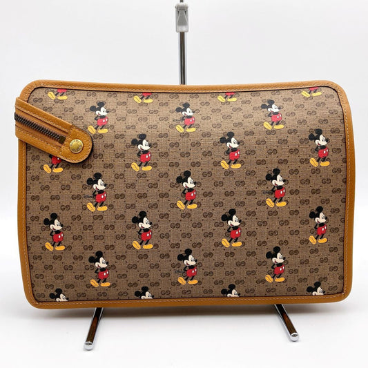 Luxury Gucci Mickey Disney Clutch Bag Second Pouch Micro GG Brown PVC Women's 602552