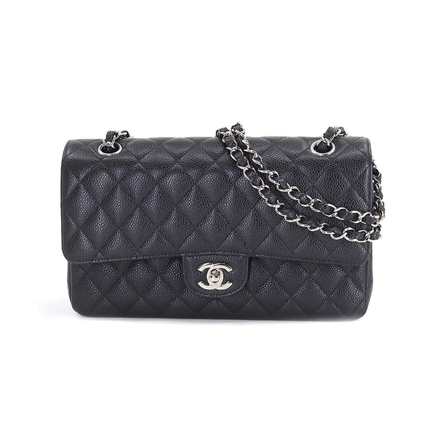 Luxury Chanel Matelasse 25 Chain Shoulder Bag Caviar Skin Leather Black A01112 Silver Hardware