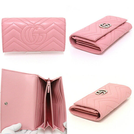 Luxury Gucci GG Marmont Continental Wallet Bifold Long Double G Chevron Quilted Leather 443436 Pink Silver Hardware