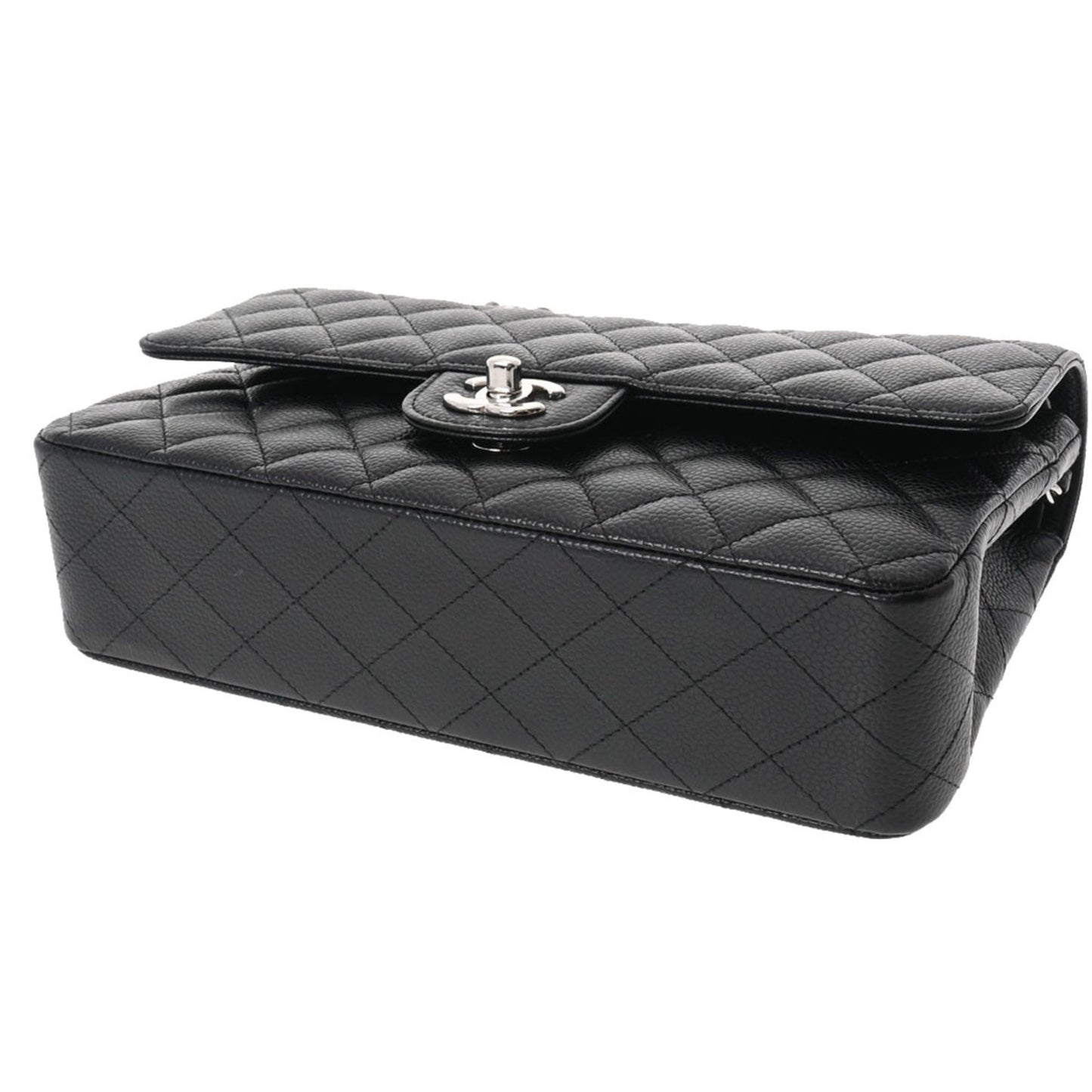CHANEL Matelasse Chain Shoulder 25cm W Flap Black Ladies Caviar Skin Bag