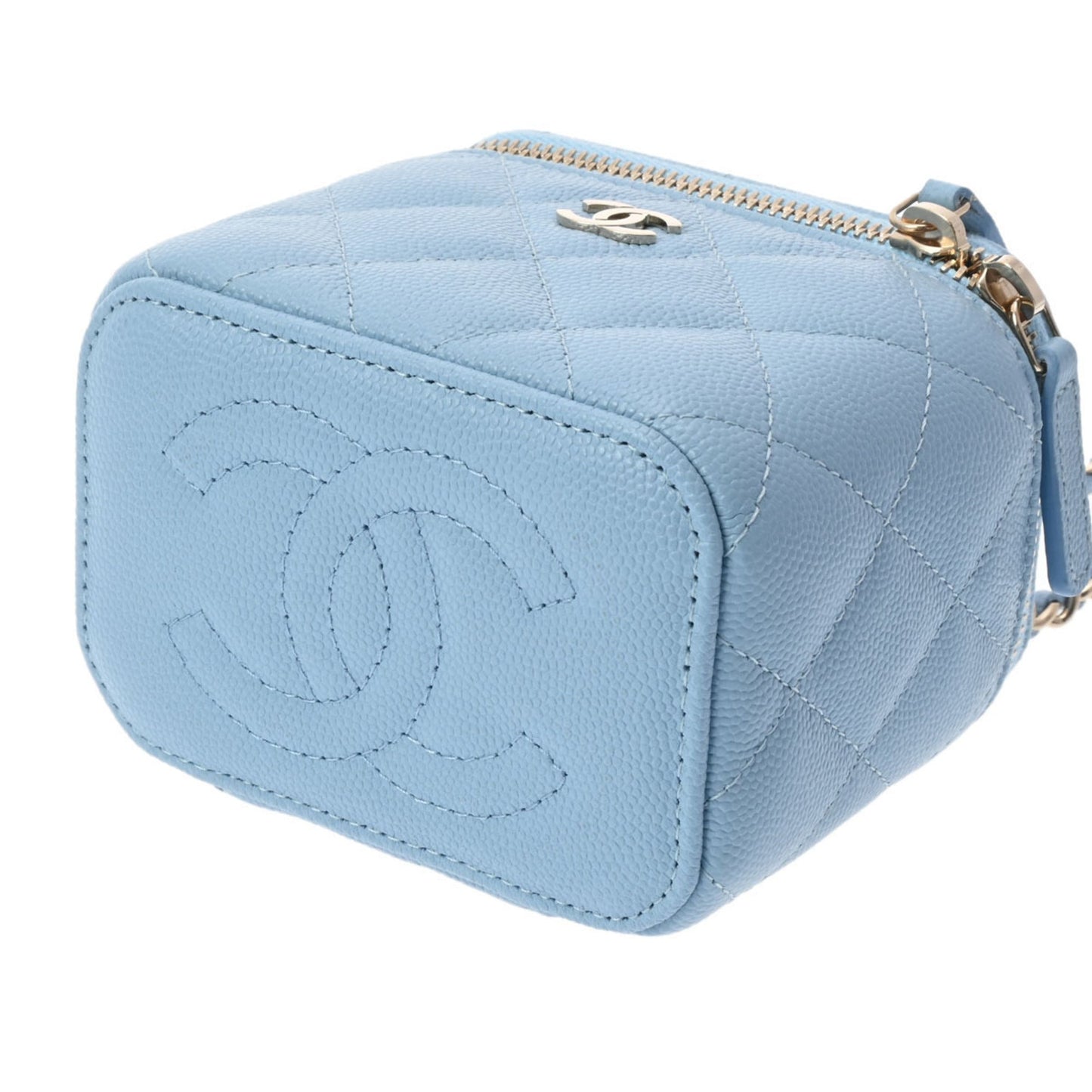 Luxury Chanel Small Vanity Chain Shoulder Blue Champagne AP1340 Women's Caviar Skin Bag