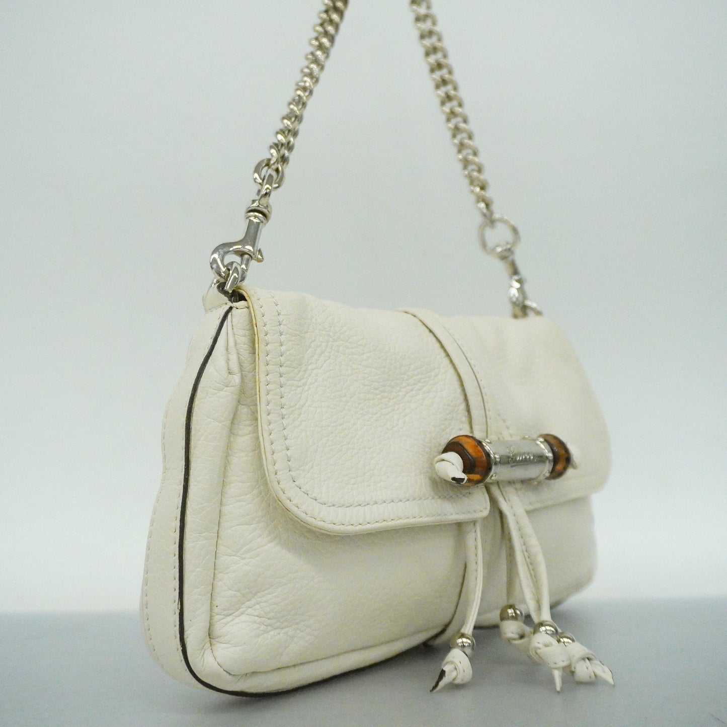Luxury Gucci  Bamboo 235320 Women's Leather Shoulder Bag Ivory