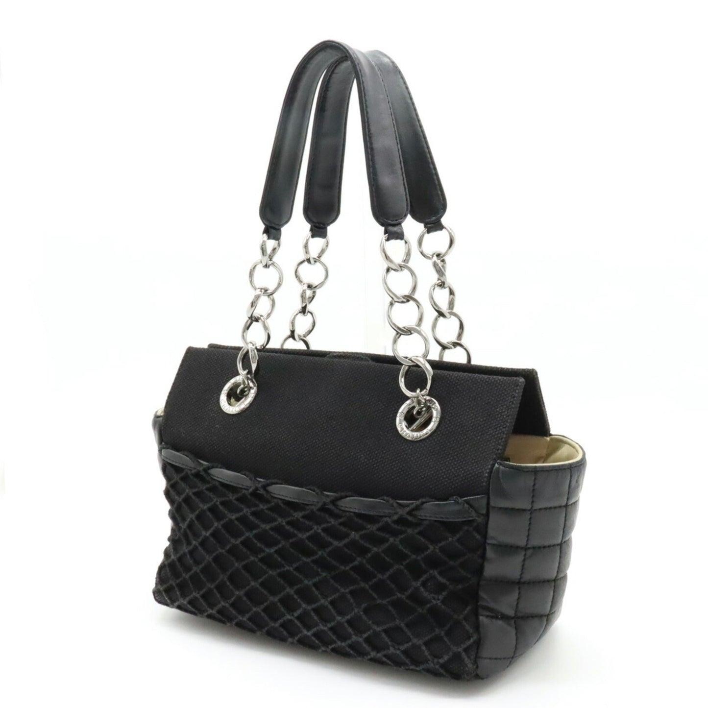 Luxury Chanel Chocolate Bar Coco Mark Chain Shoulder Bag Tote Quilted Net Canvas Leather Black