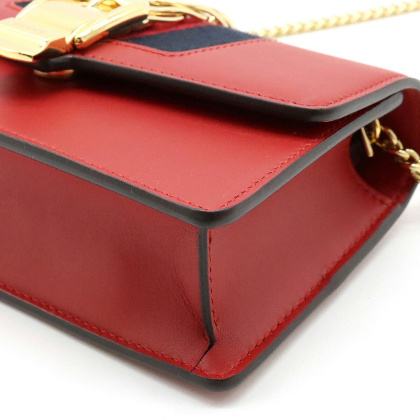Luxury Gucci Sylvie Webline Chain Shoulder Bag Pochette Clutch Leather Red 494646