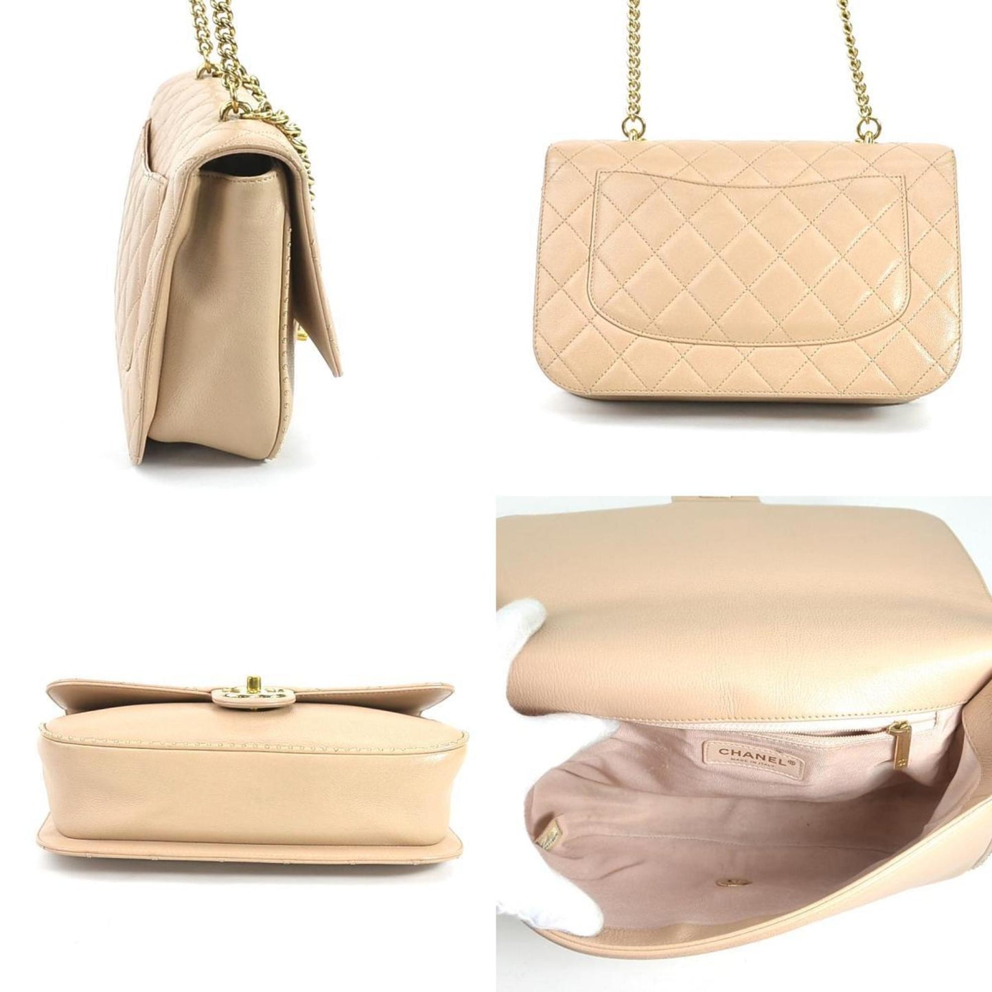 Luxury Chanel Diagonal Shoulder Bag Cocomark Matrasse Caviar Skin Leather Beige Gold Unisex 99540a