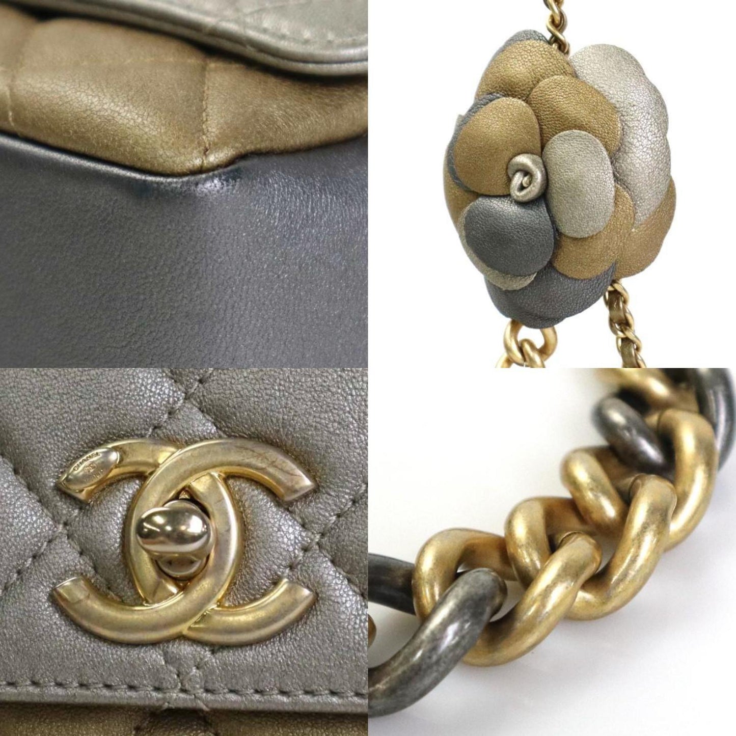 Luxury Chanel Diagonal Shoulder Bag Matelasse Camellia Leather/Metal Greige/Gold/Gray Women's e55934a