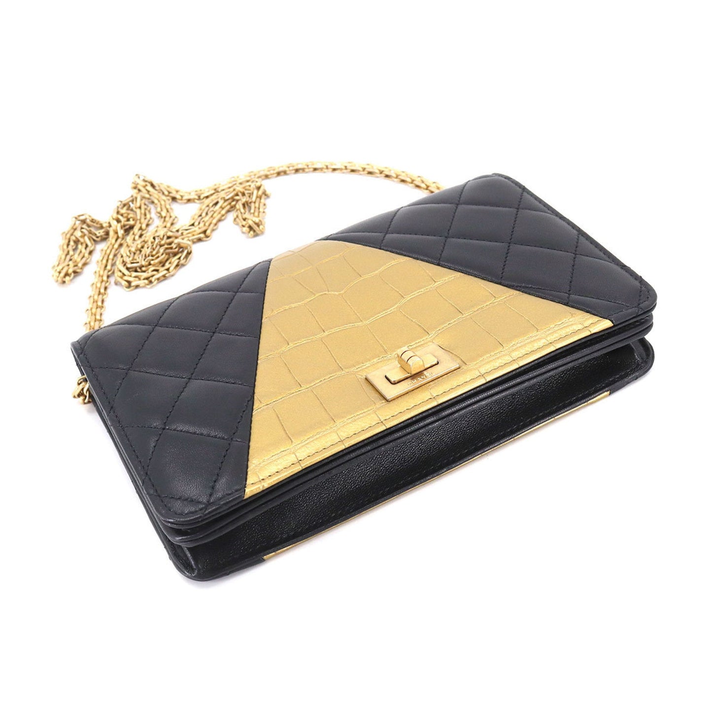 Luxury Chanel 2.55 Chain Wallet Long Leather Black Gold Embossed Matelasse