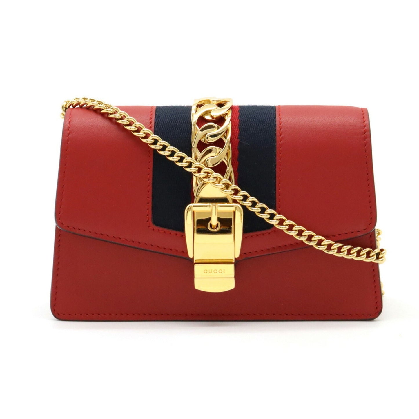 Luxury Gucci Sylvie Webline Chain Shoulder Bag Pochette Clutch Leather Red 494646